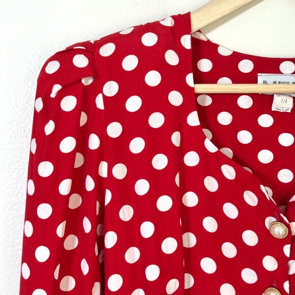 Vtg 80s MENU Polka Dot Peplum Blouse Puff Sleeves Sweetheart Red White Office - Picture 3 of 13